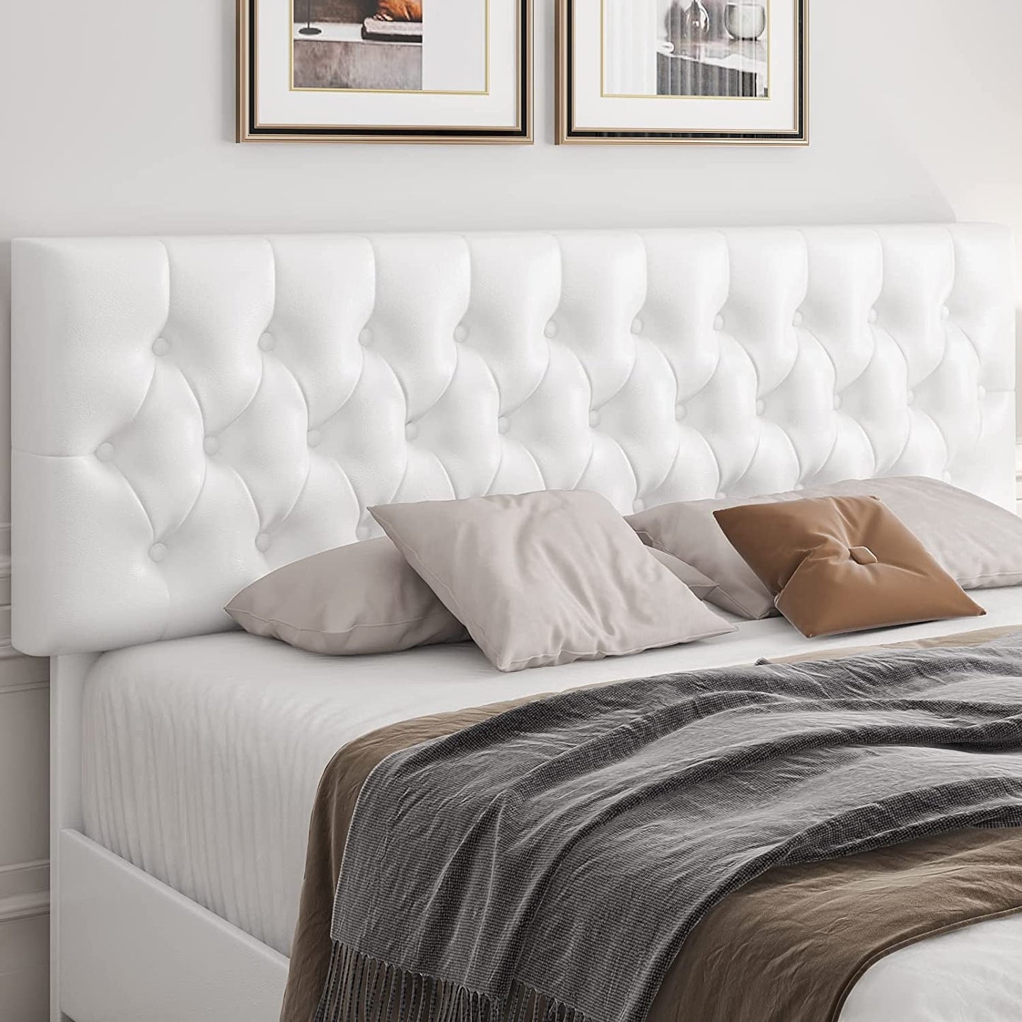 White Queen Bed Frame with Button Tufted Headboard