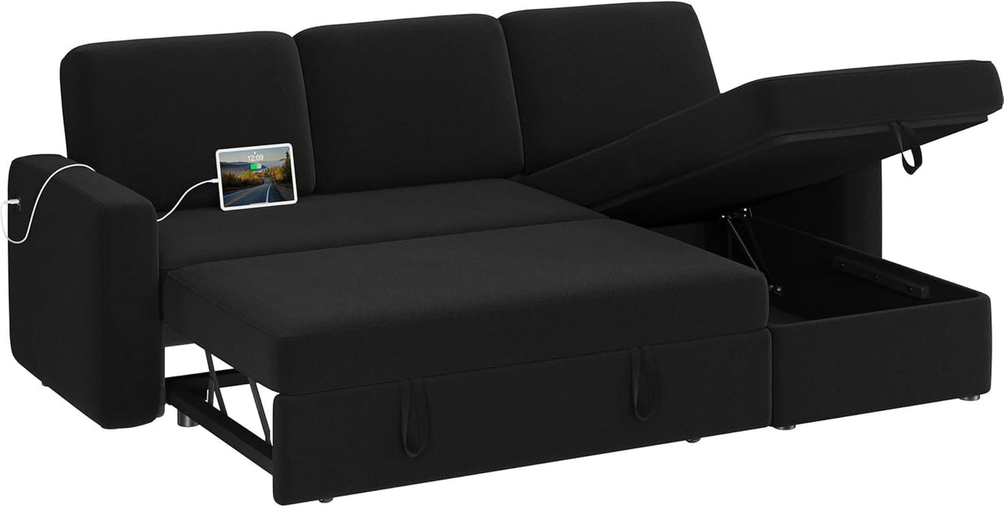 Black L-Shaped Sectional Sleeper USB, Storage, Chaise