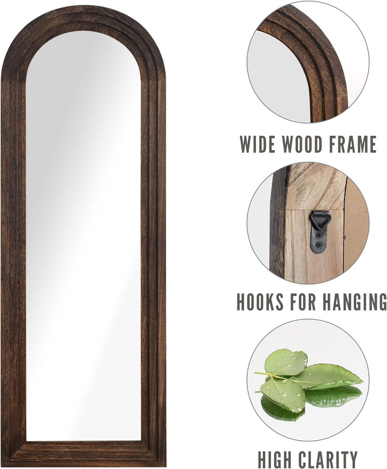 Wooden Arched Floor Mirror with Distressed Style - Wall Mounted Wide for home decor