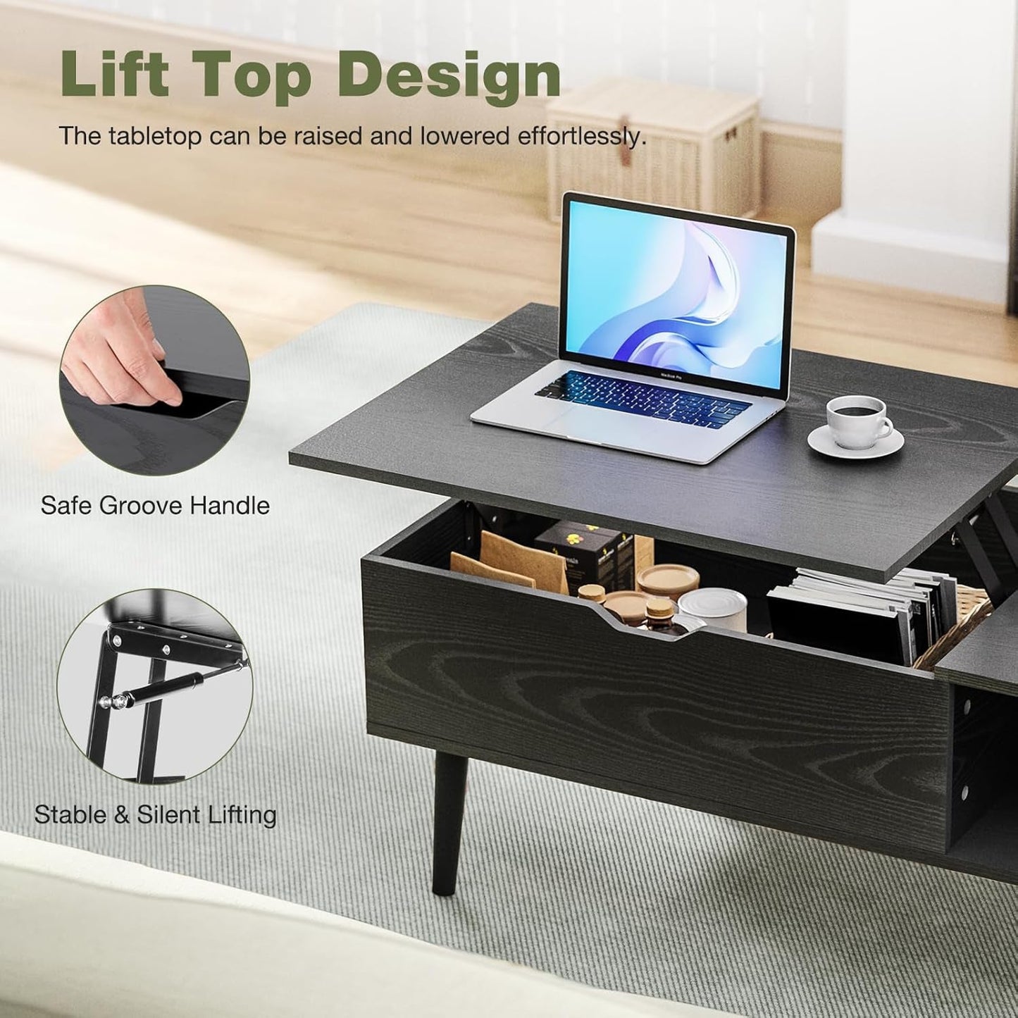 Wood Lift Top Coffee Table with Hidden Compartment and Large Storage