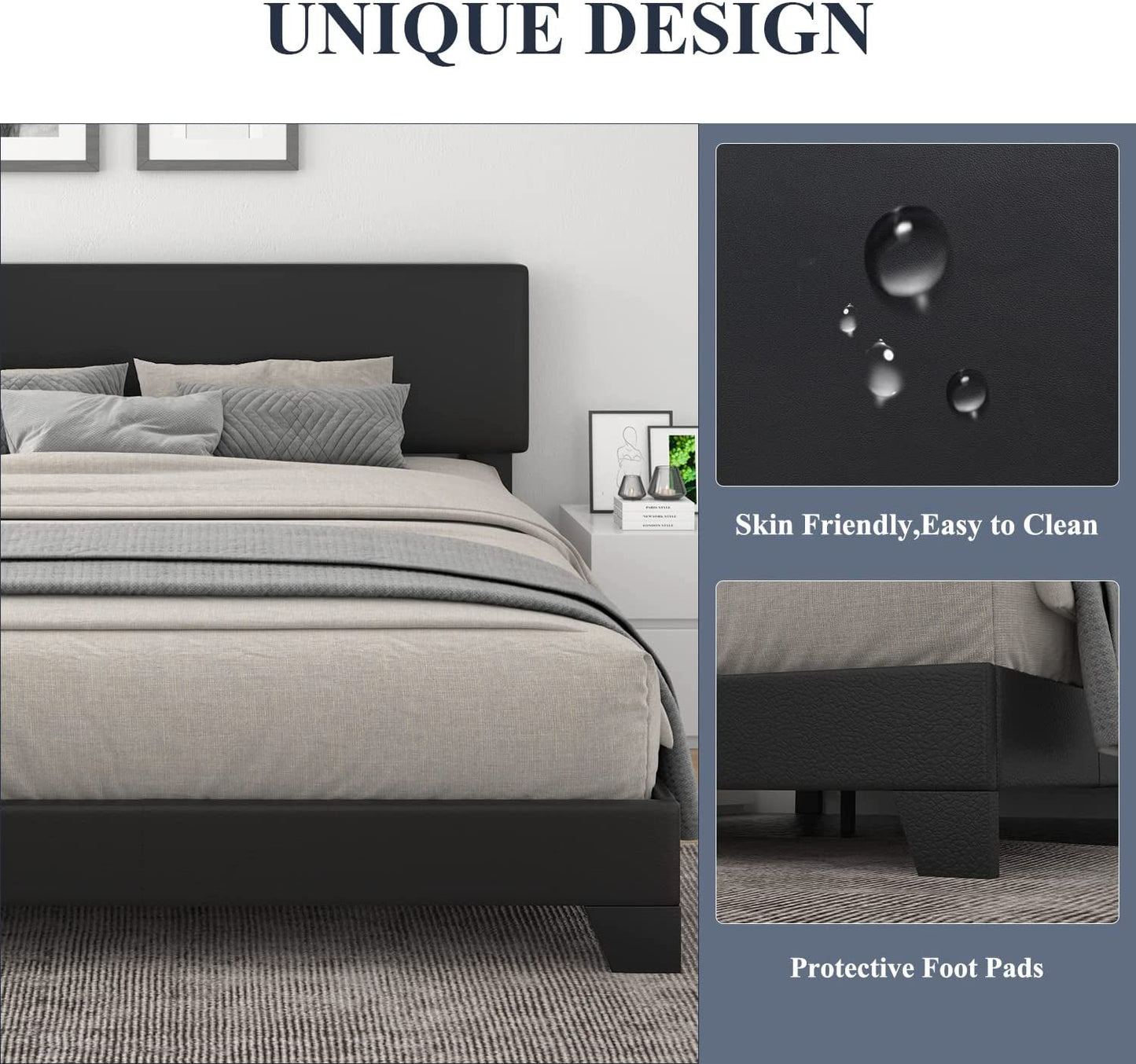 King Upholstered Platform Bed Frame, Adjustable Headboard
