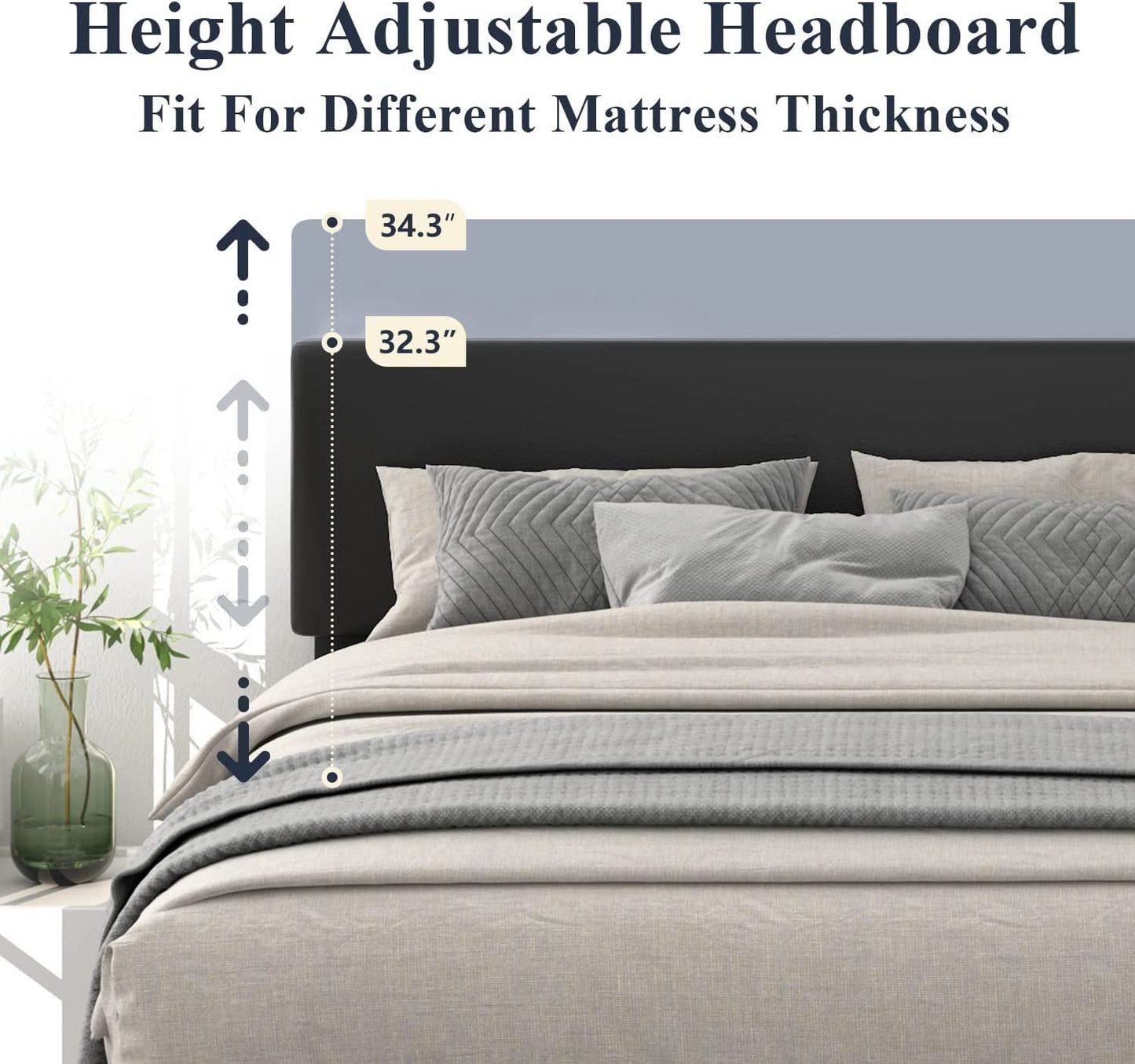 King Upholstered Platform Bed Frame, Adjustable Headboard