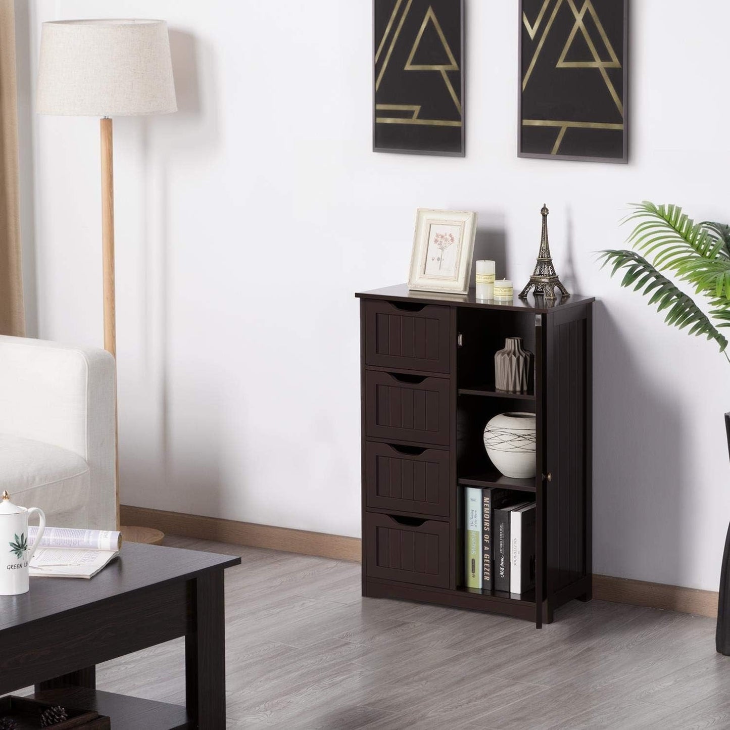 Brown Wooden Bathroom Cabinet with 4 Drawers Cupboard