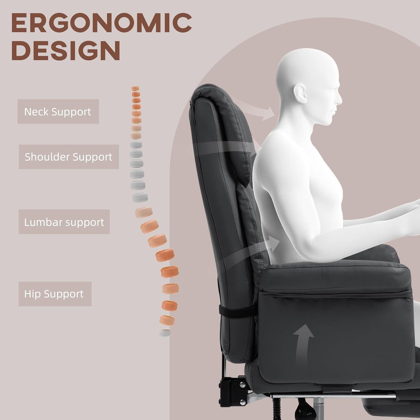 Executive Office Chair with Footrest and Lumbar Support, PU Leather