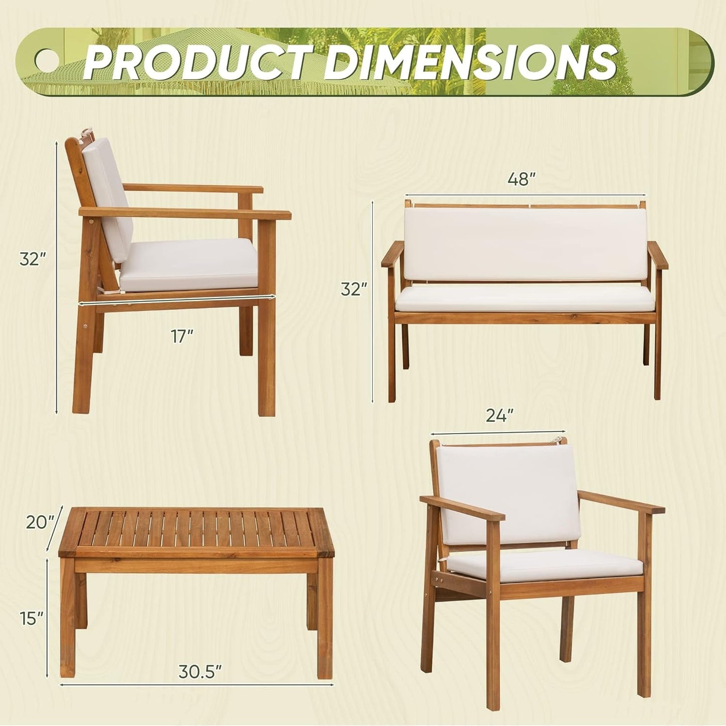 Acacia Wood 4 Piece Patio Conversation Set : Furniture outside