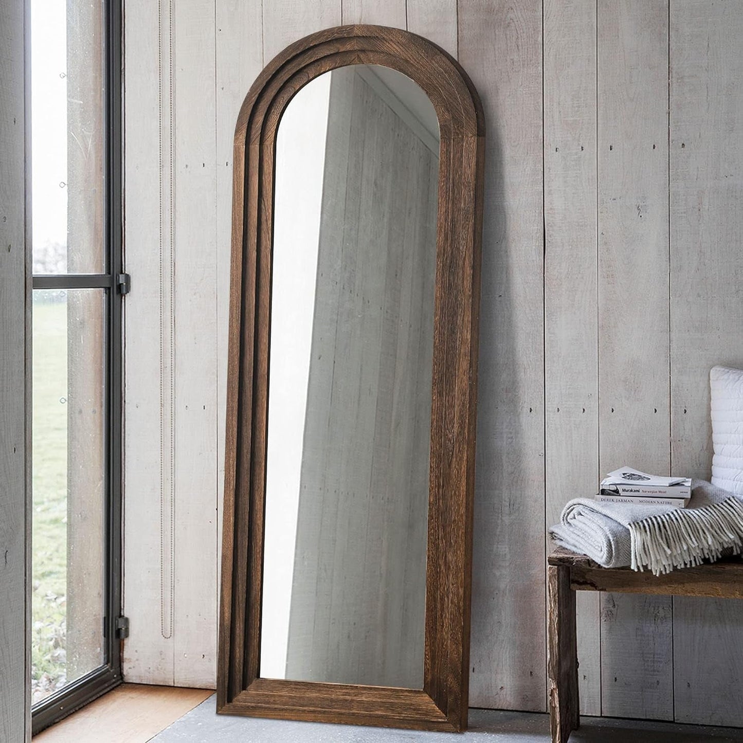 Wooden Arched Floor Mirror with Distressed Style - Wall Mounted Wide for home decor