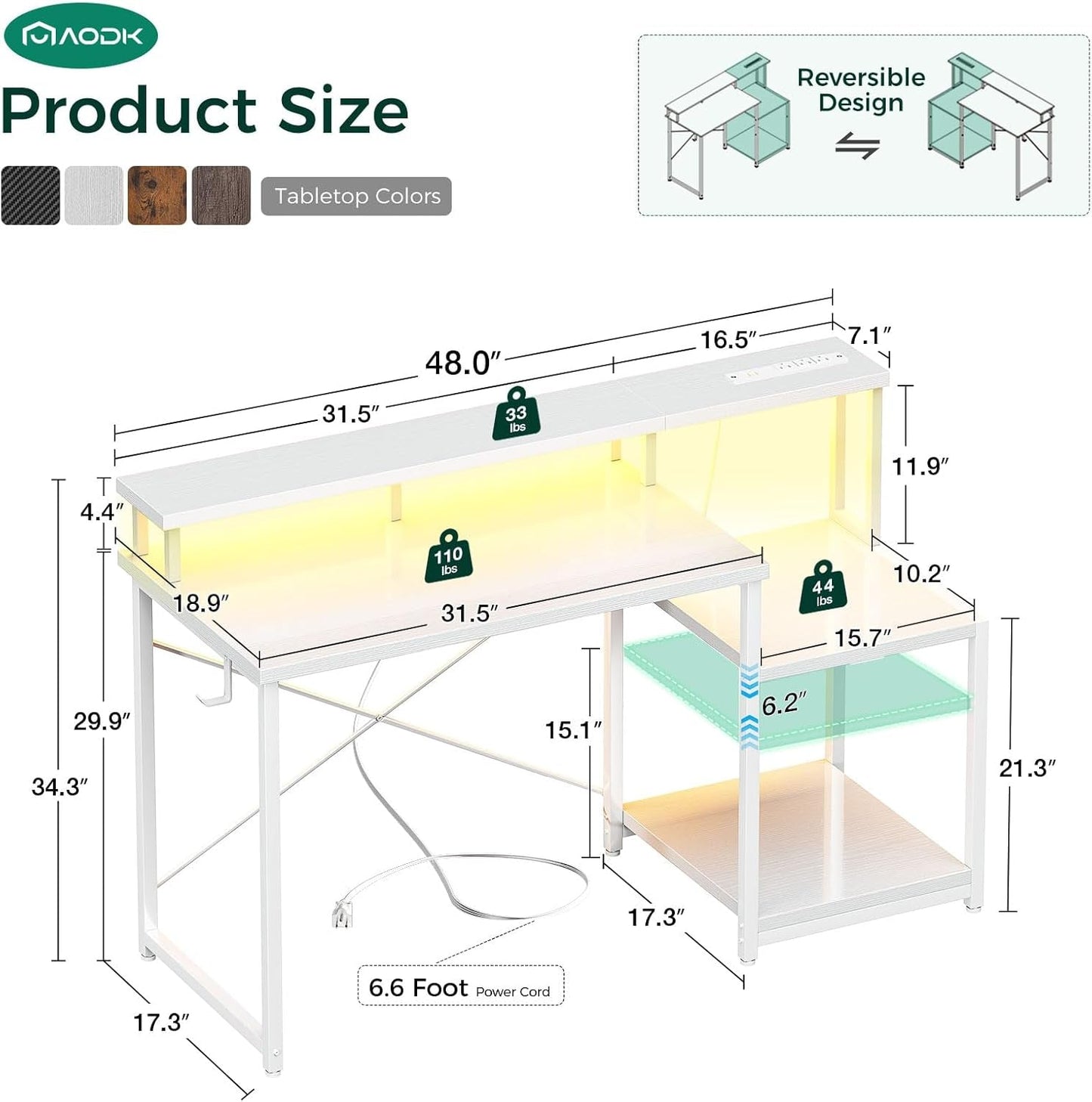 Computer Desk, 48 Inch Gaming Desk with Led Lights & Power Outlet, "meuble"