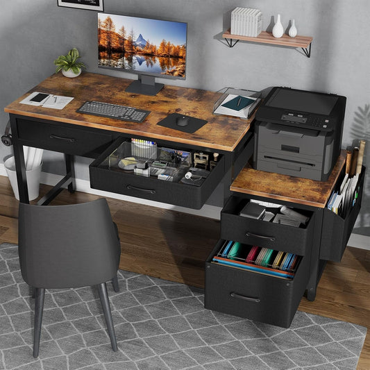 Computer Desk with Fabric File Drawers Cabinet, 57 Inch Home Furniture Office