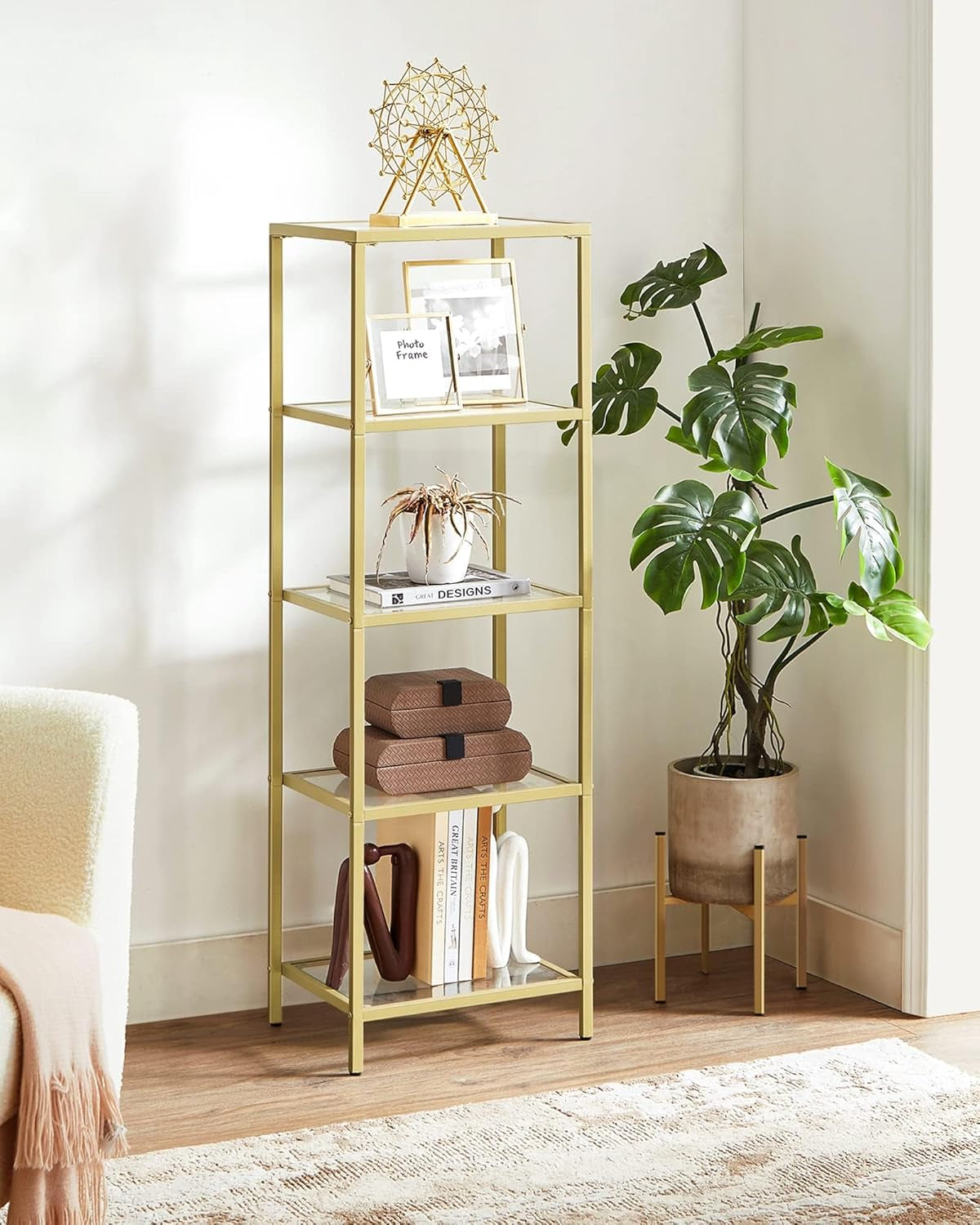 Bookcase, 5-Tier Bookshelf, Slim Shelving Unit for Bedroom, Bathroom,