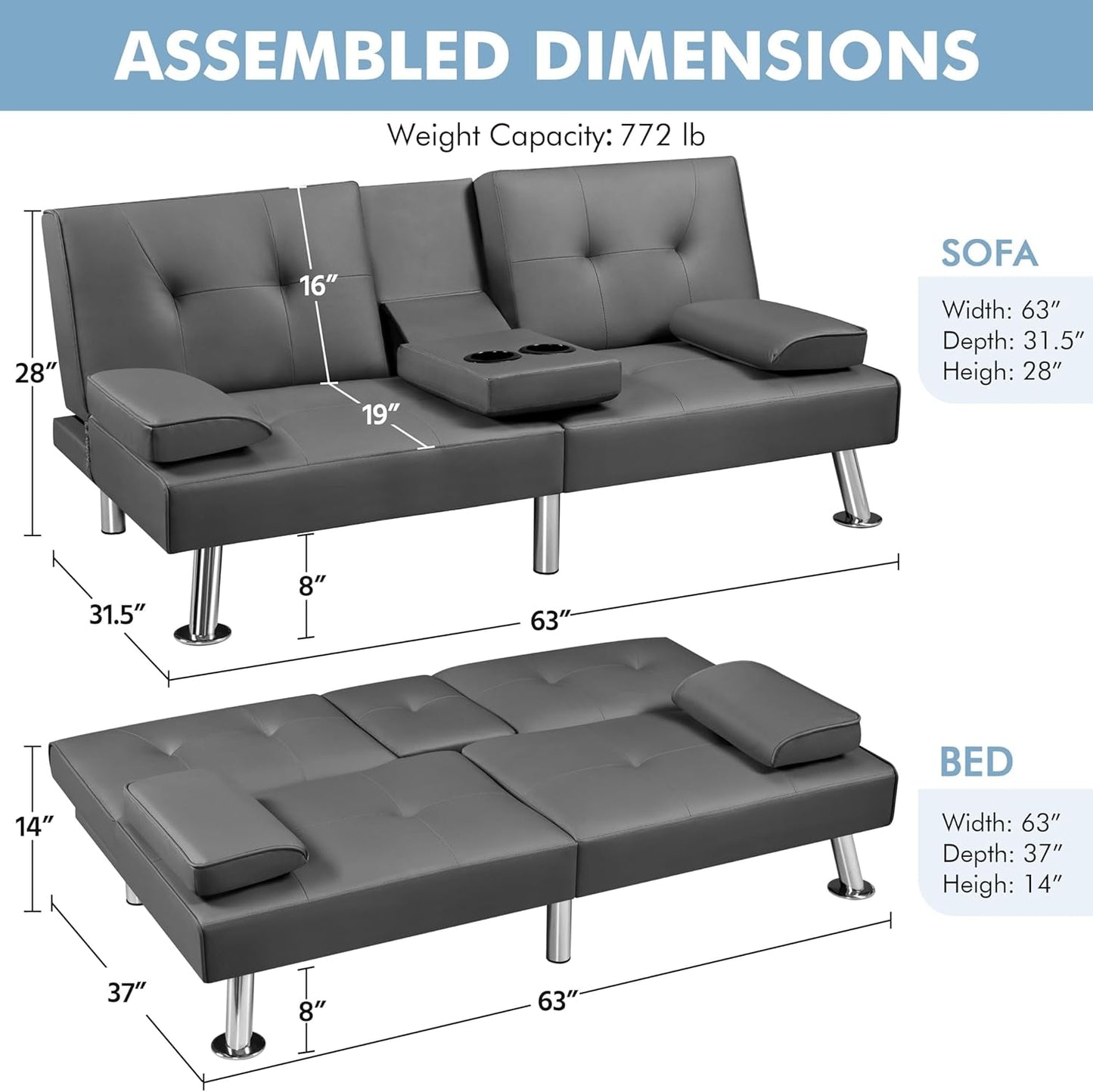 Convertible Sofa Bed Adjustable Couch Sleeper Modern Faux Leather Home