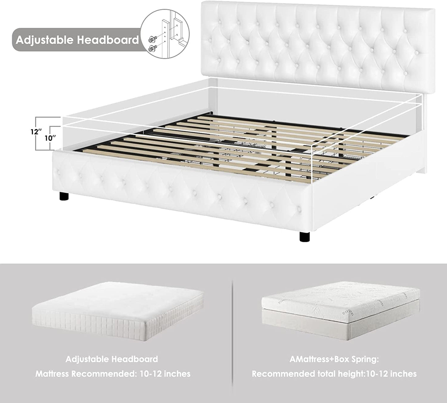 White Queen Bed Frame with Button Tufted Headboard