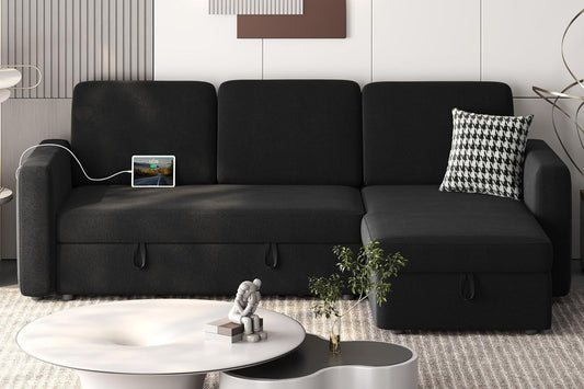 Black L-Shaped Sectional Sleeper USB, Storage, Chaise