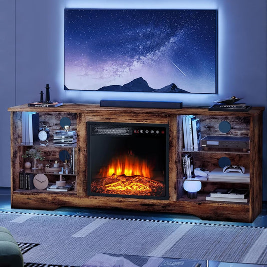 58" Brown Fireplace TV Stand for 65" TV// TV & Media Furniture