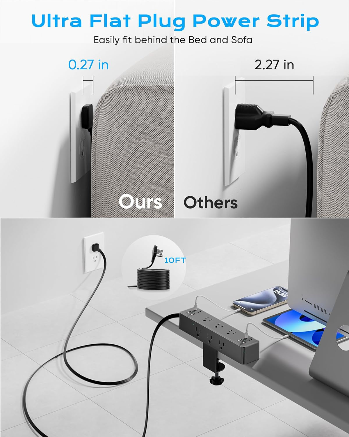 17-In-1 Desk Clamp Power Strip with 40W Fast Charging Station,  10Ft for furniture and office