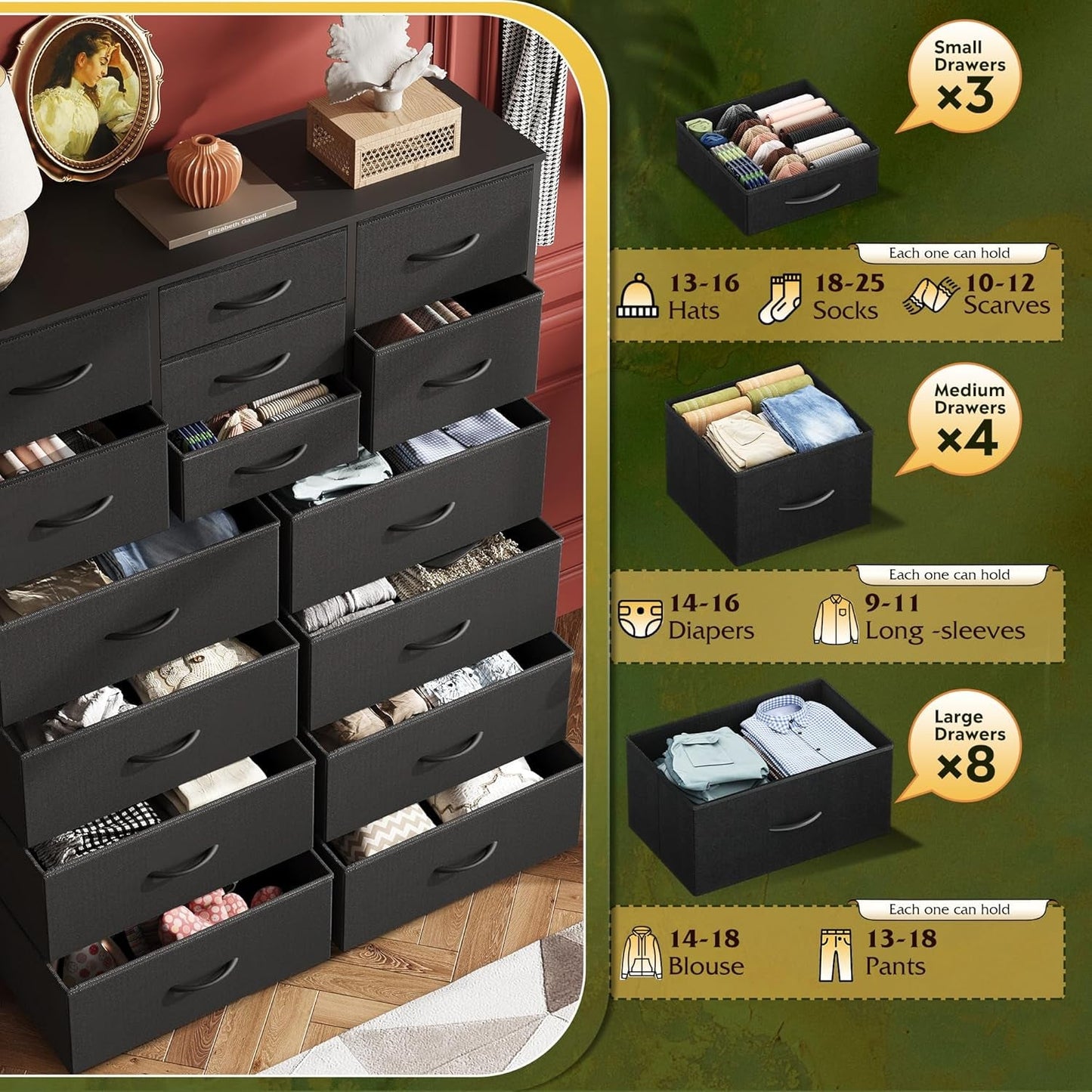 Tall Black Dresser for Bedroom Furniture, Fabric Dressers Storage