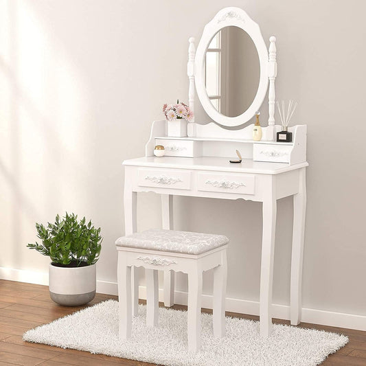 Wood Makeup Vanity Set with Mirror & Stool / Bedroom Furniture