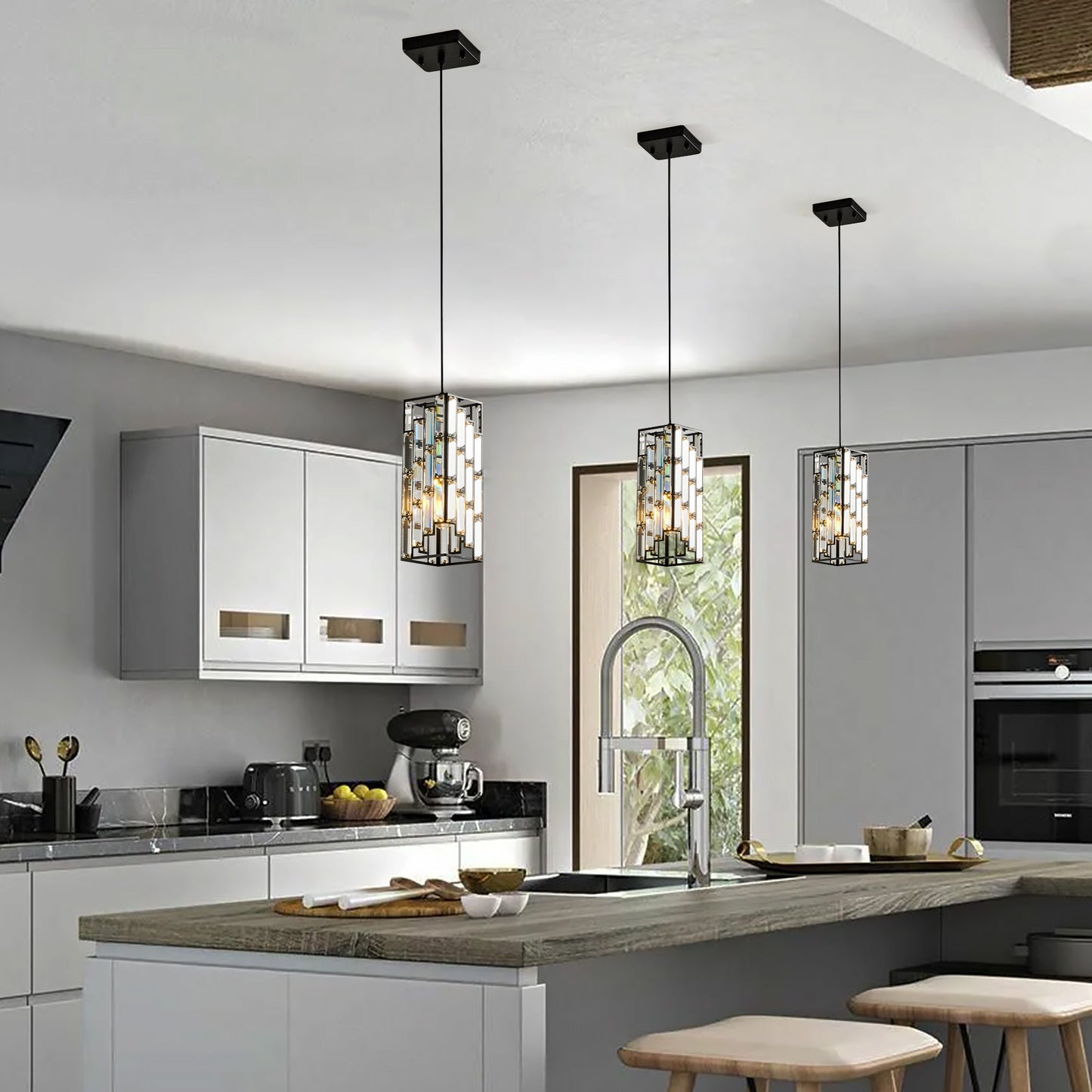 Modern Crystal Pendant Light - 3 Pack, Adjustable Hanging Ceiling Lamp