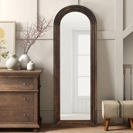 Wooden Arched Floor Mirror with Distressed Style - Wall Mounted Wide for home decor