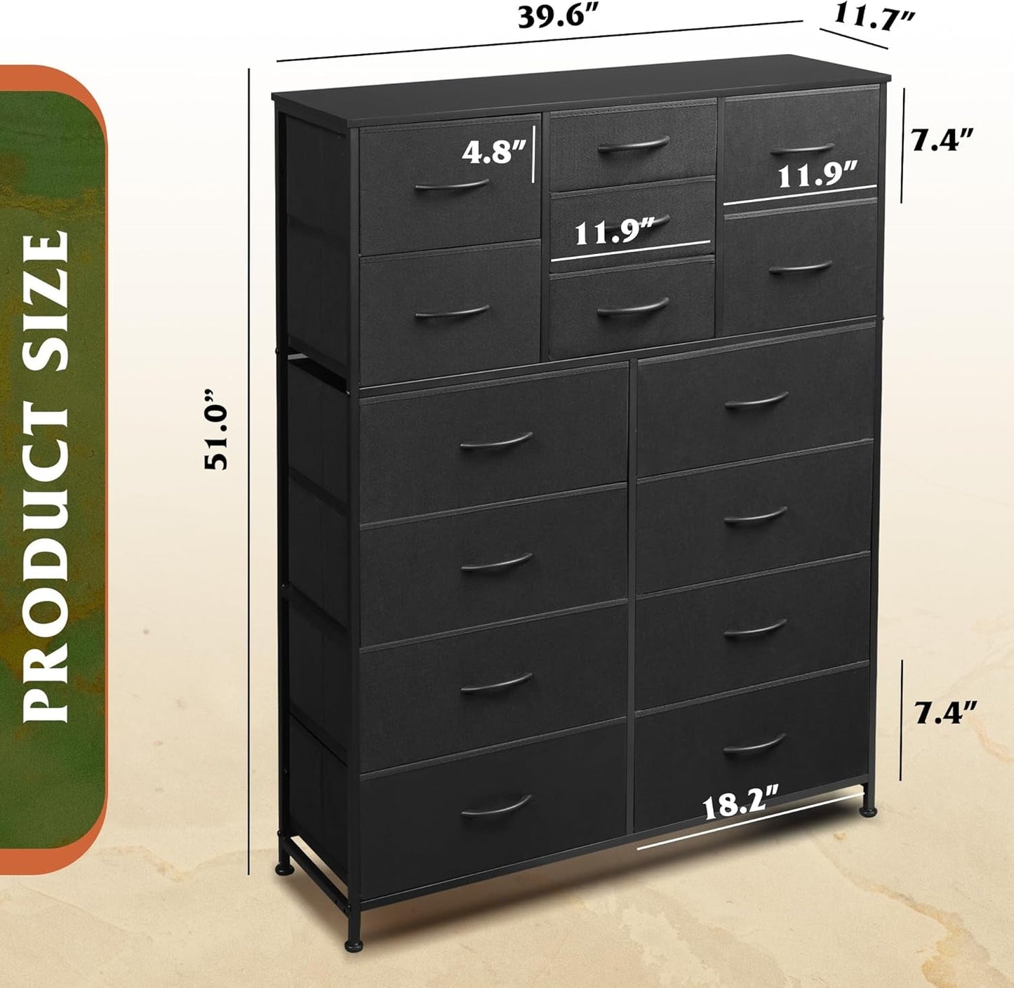 Tall Black Dresser for Bedroom Furniture, Fabric Dressers Storage
