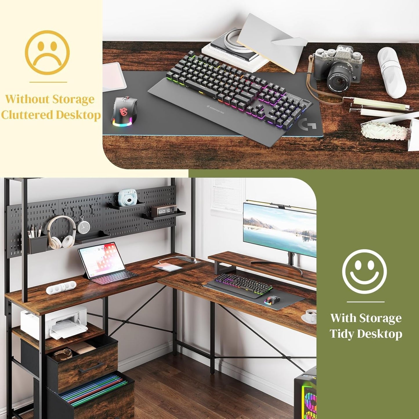 L Shaped Desk with Pegboard, Reversible Computer Desk with Drawers & HOME OFFICE FURNITURE