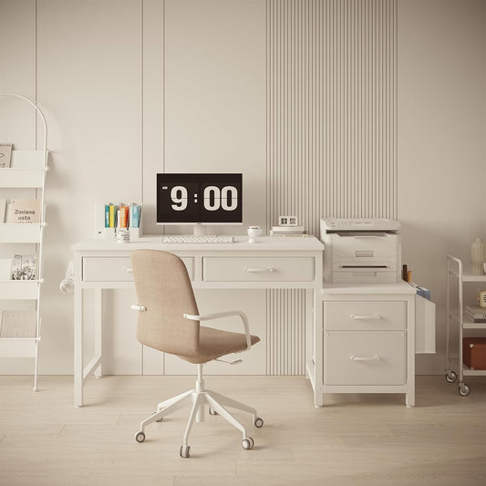 White Computer Desk with Fabric File Drawers Cabinet, 57 Inch Home // Home Office Furniture