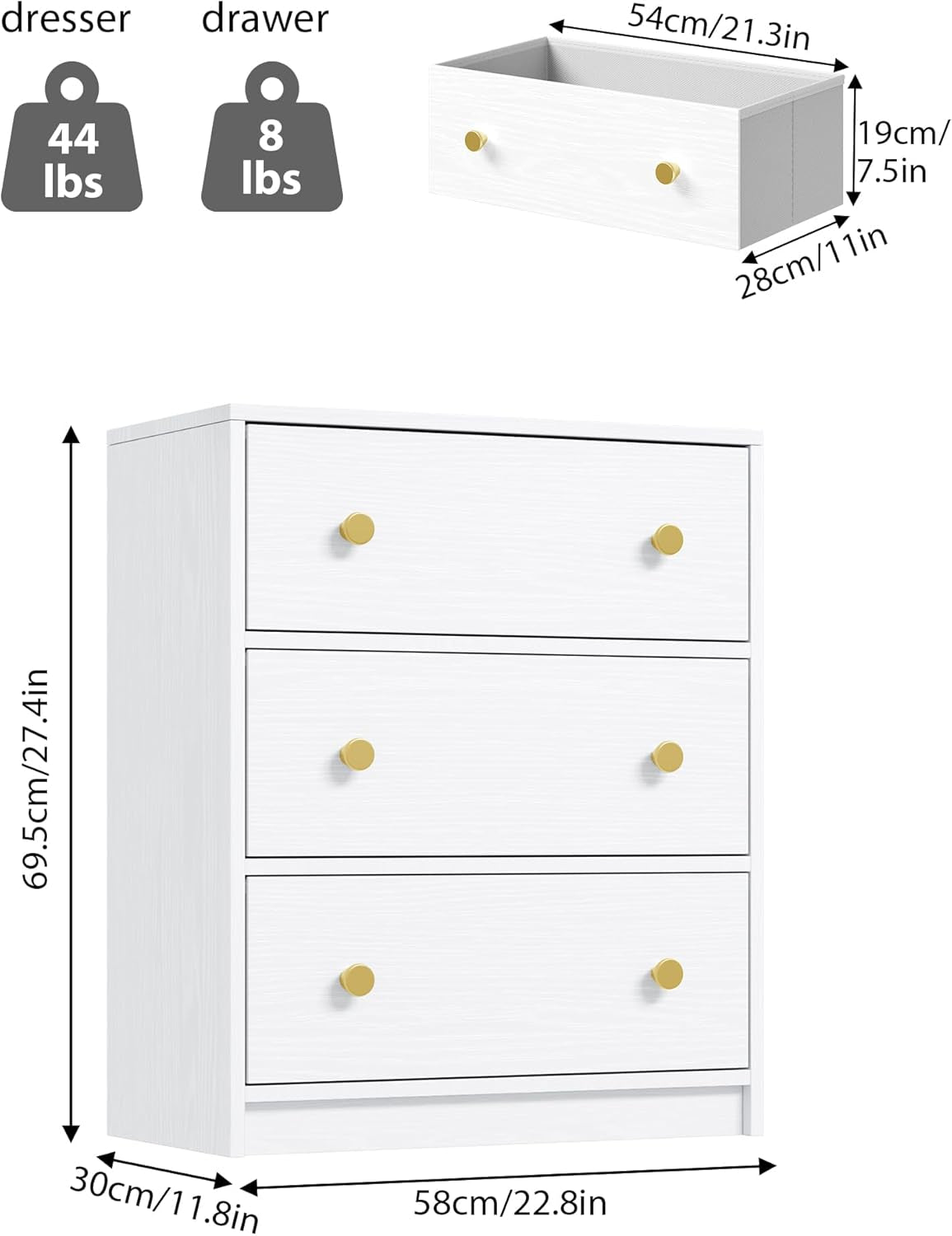 3 Drawer Dresser, White Nightstand for Bedroom with Fabric Drawers,