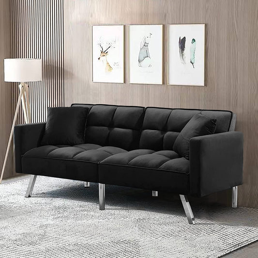 Convertible Velvet Futon Sofa Bed with Pillows