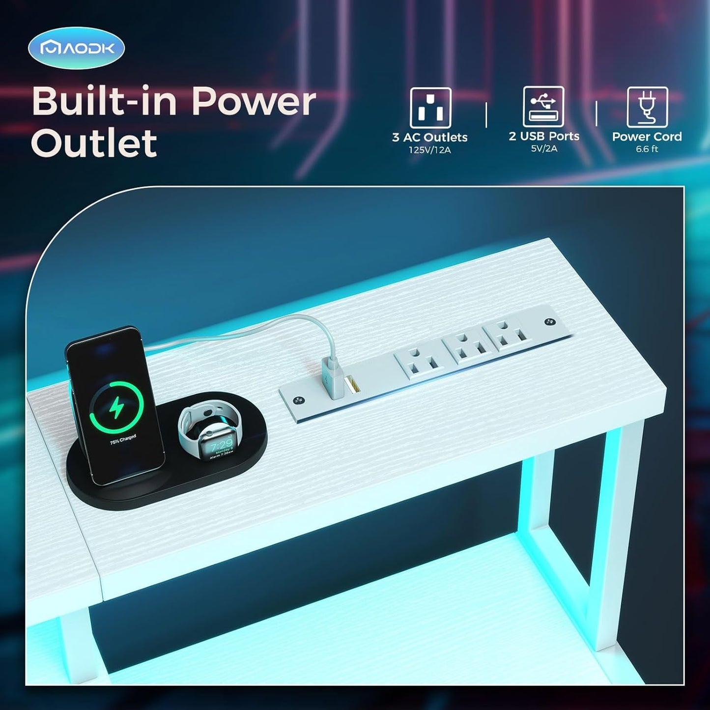 Computer Desk, 48 Inch Gaming Desk with Led Lights & Power Outlet, "meuble"