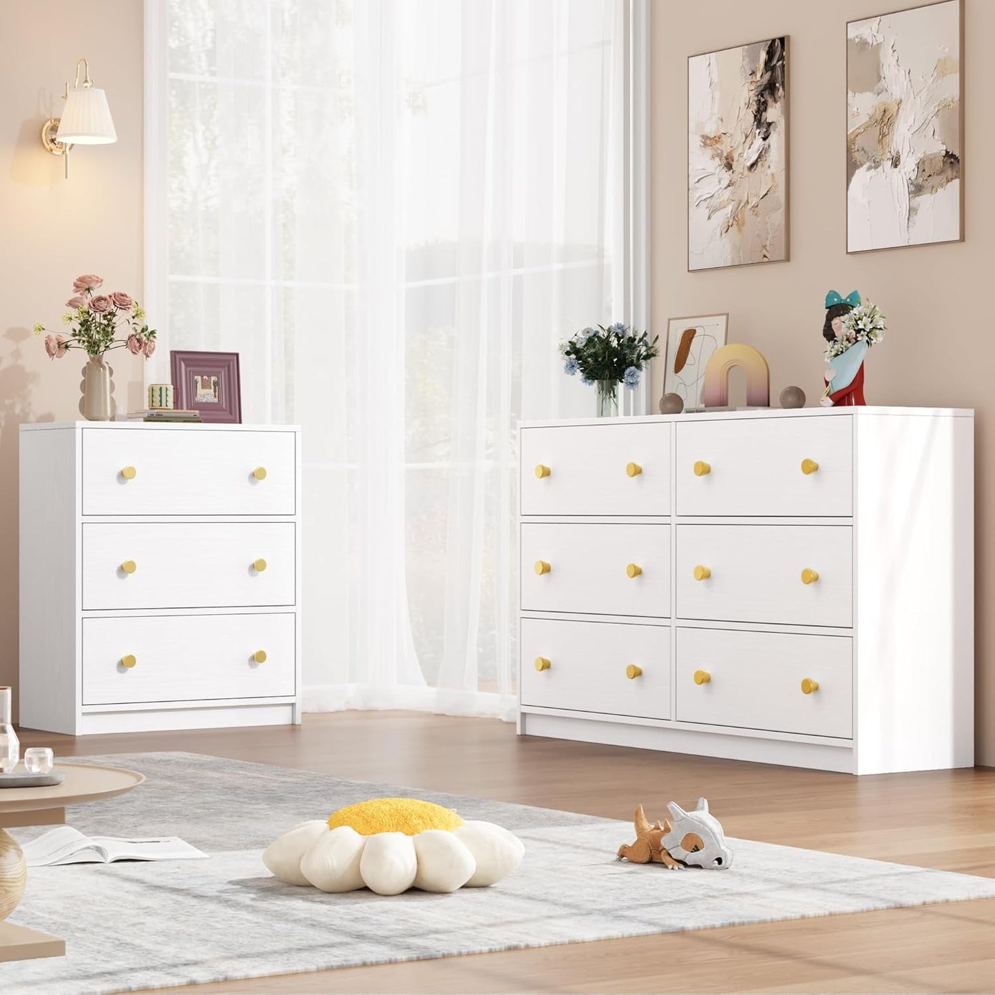 3 Drawer Dresser, White Nightstand for Bedroom with Fabric Drawers,