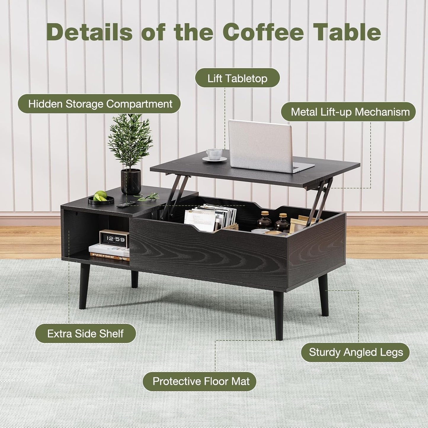 Wood Lift Top Coffee Table with Hidden Compartment and Large Storage