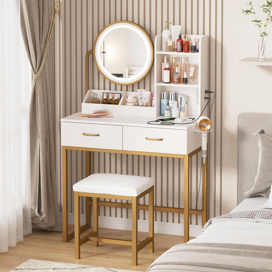 White Vanity Round Mirror, , Charging, Small Bedroom