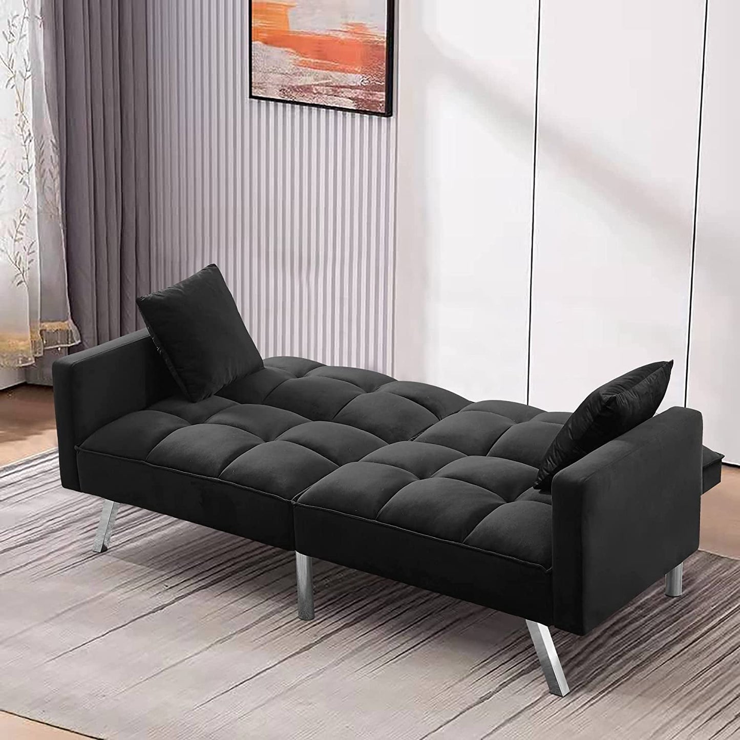 Convertible Velvet Futon Sofa Bed with Pillows
