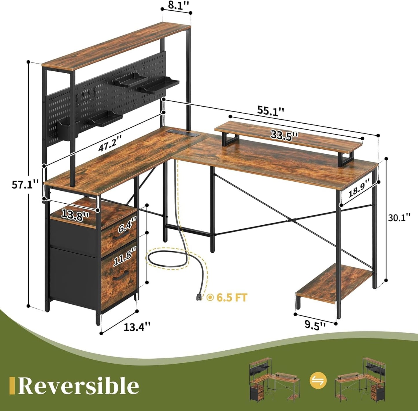 L Shaped Desk with Pegboard, Reversible Computer Desk with Drawers & HOME OFFICE FURNITURE