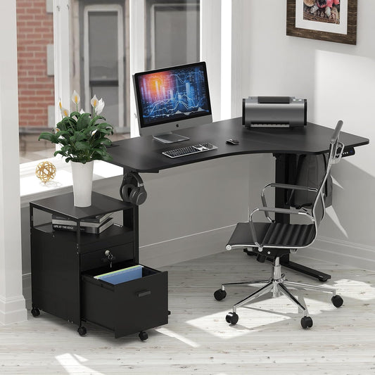 Rolling Mobile File Cabinet W/ 2 Drawers & Open Shelf, Black // Office Furniture