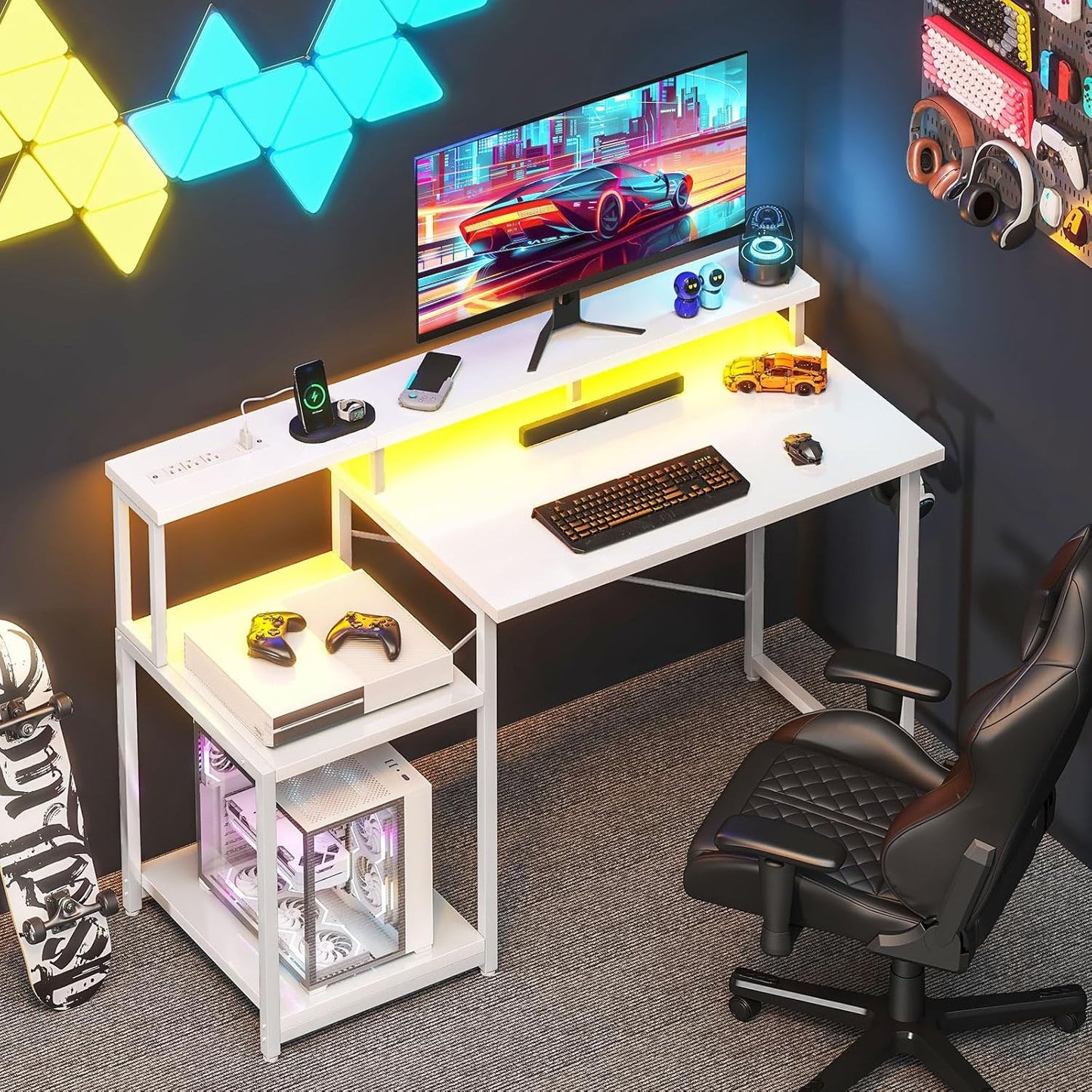 Computer Desk, 48 Inch Gaming Desk with Led Lights & Power Outlet, "meuble"