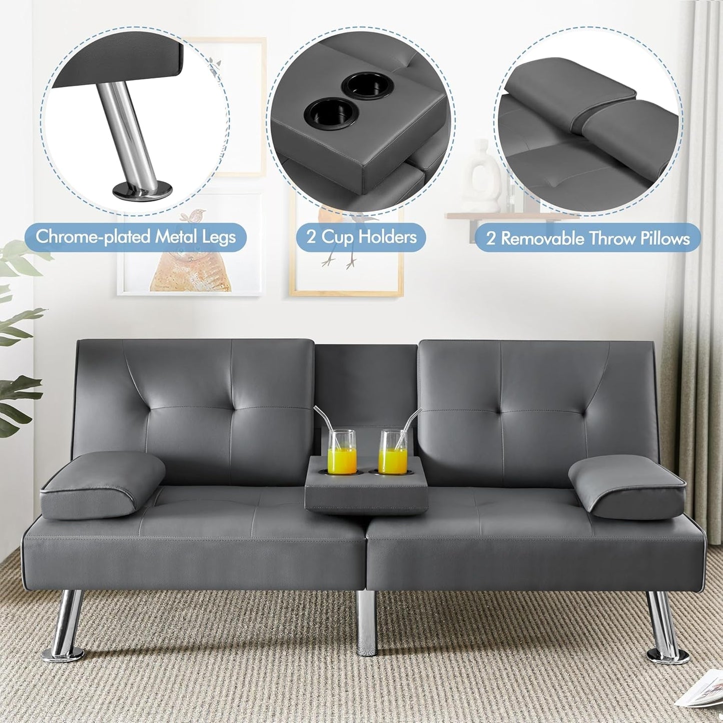 Convertible Sofa Bed Adjustable Couch Sleeper Modern Faux Leather Home