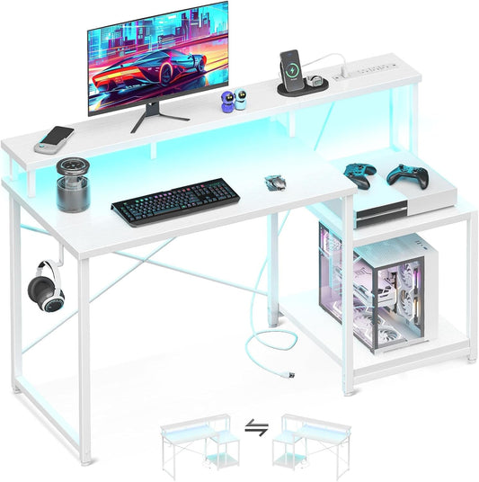 Computer Desk, 48 Inch Gaming Desk with Led Lights & Power Outlet, "meuble"