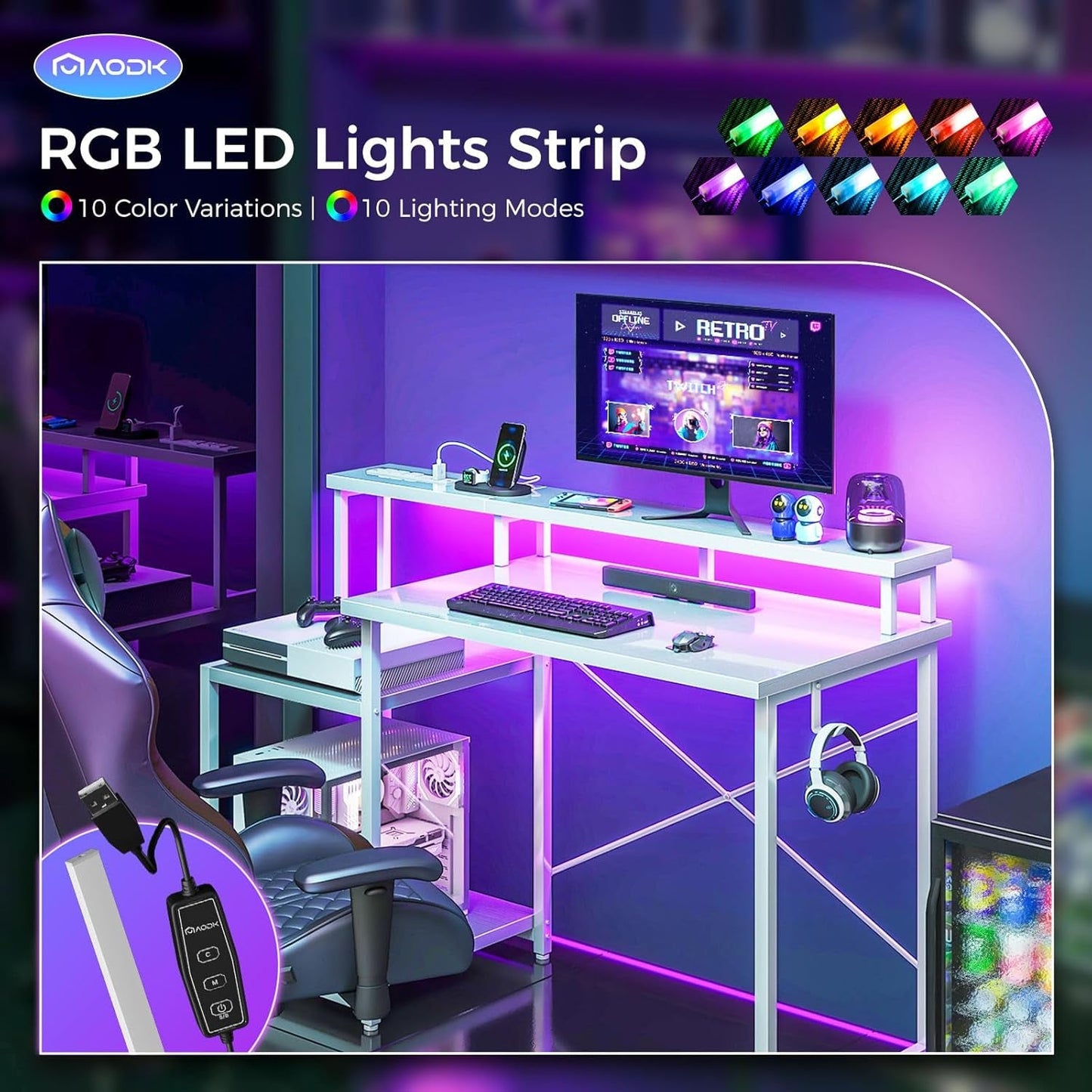 Computer Desk, 48 Inch Gaming Desk with Led Lights & Power Outlet, "meuble"