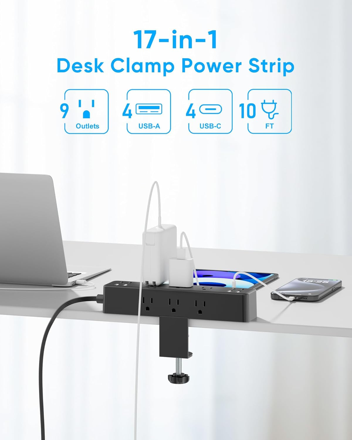 17-In-1 Desk Clamp Power Strip with 40W Fast Charging Station,  10Ft for furniture and office