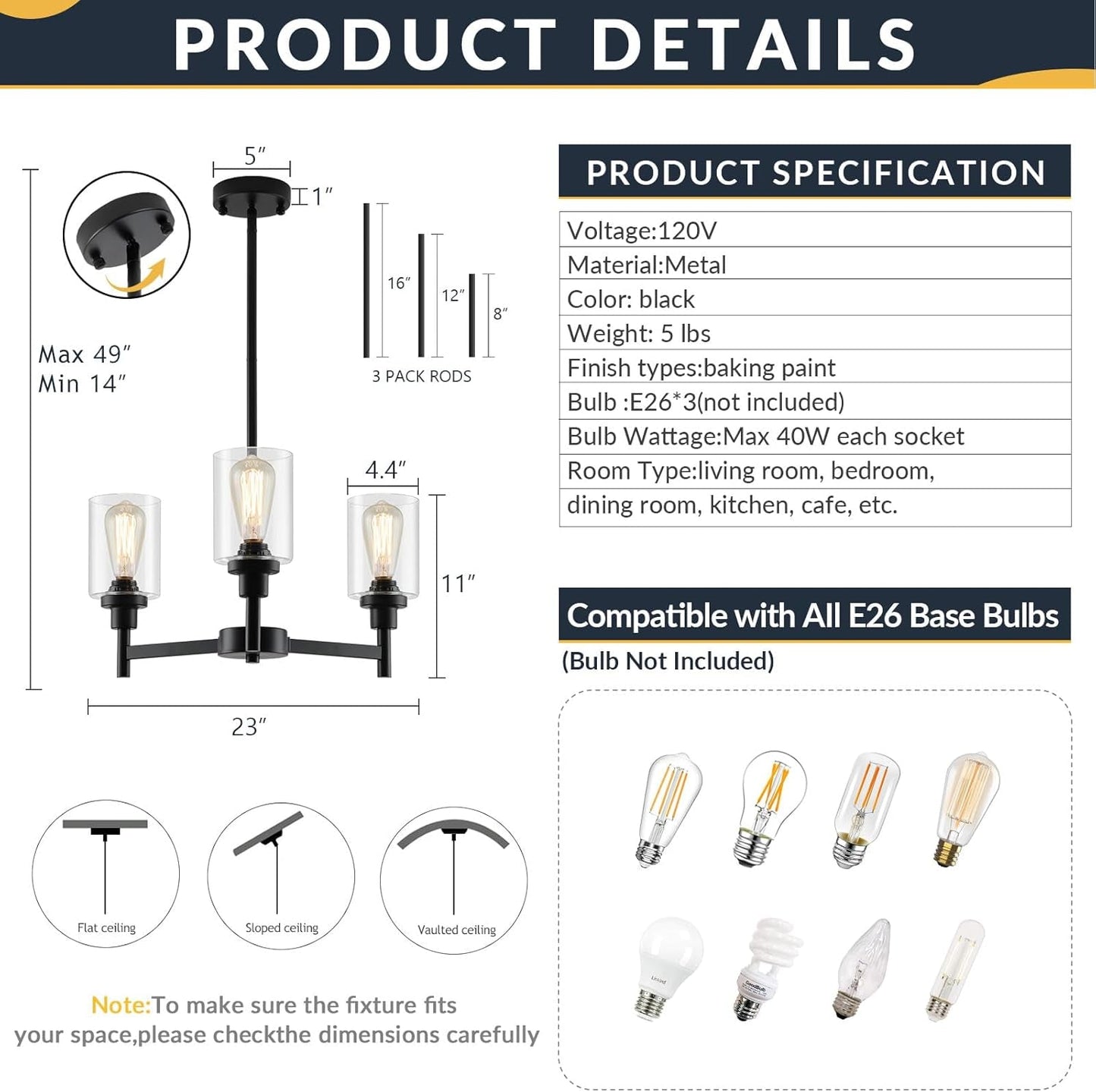 3 Lights Black Chandeliers  Light Fixture  ,