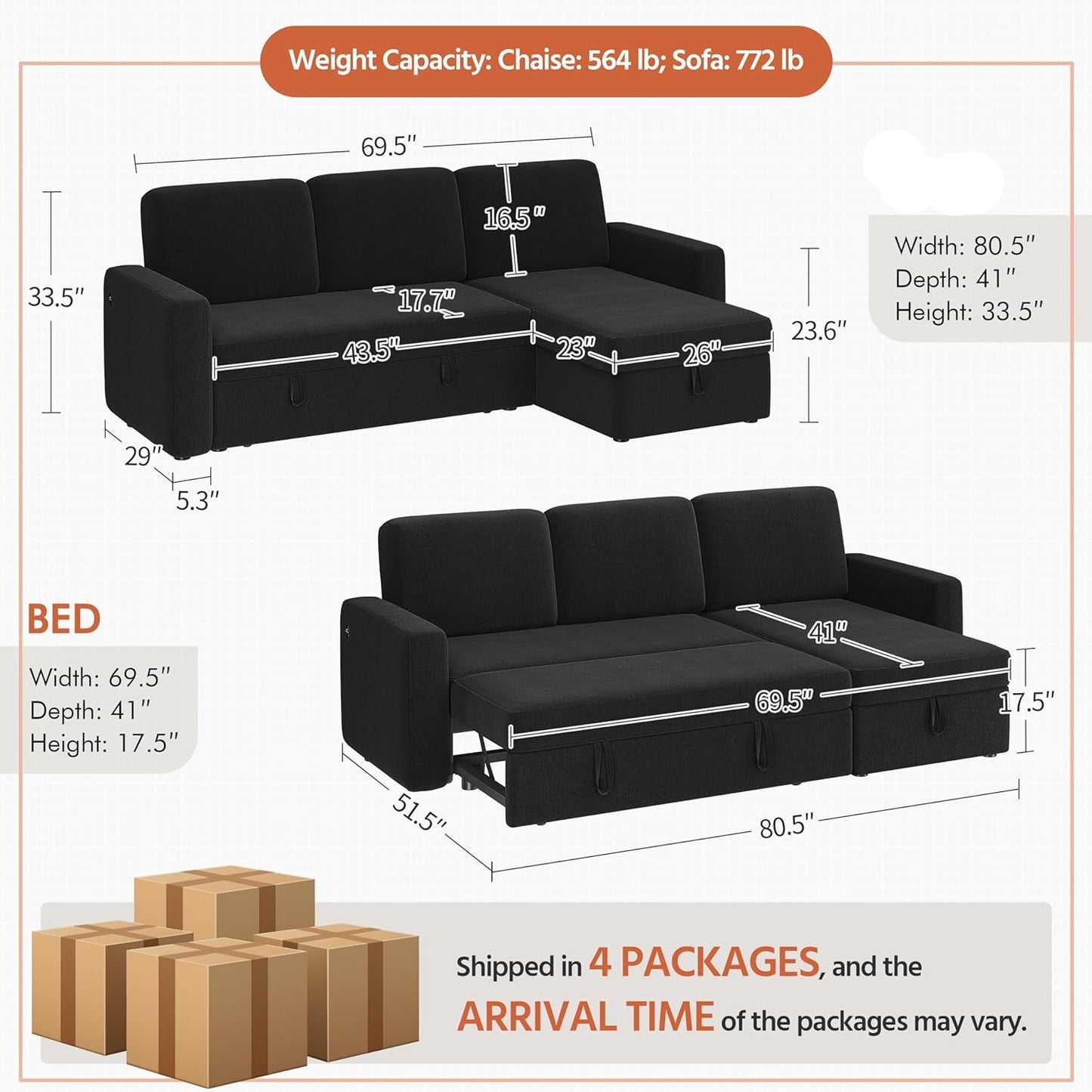 Black L-Shaped Sectional Sleeper USB, Storage, Chaise