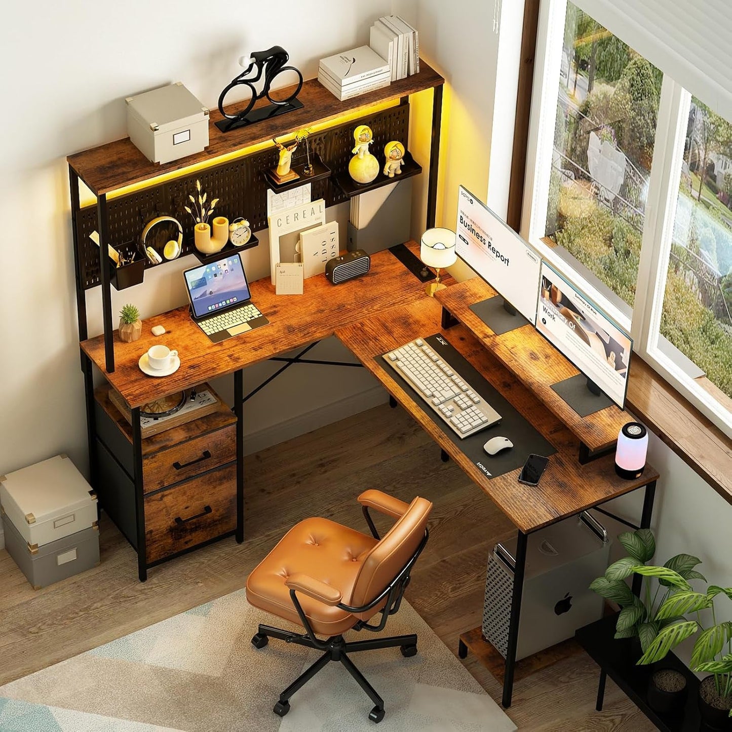 L Shaped Desk with Pegboard, Reversible Computer Desk with Drawers & HOME OFFICE FURNITURE