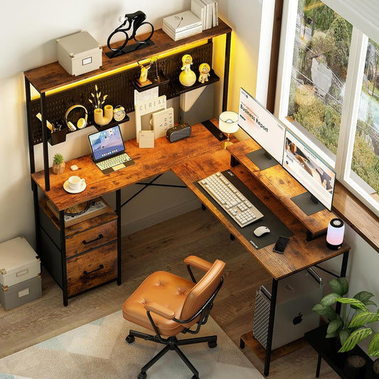 L Shaped Desk with Pegboard, Reversible Computer Desk with Drawers & HOME OFFICE FURNITURE