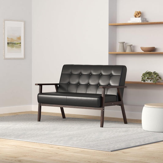 Mid-Century Modern Solid Loveseat Sofa Upholstered Faux Leather Couch