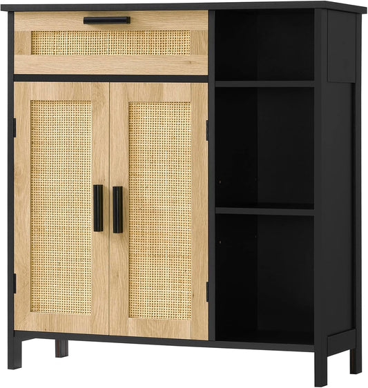 Black Rattan Boho Storage Cabinet with Adjustable Shelves