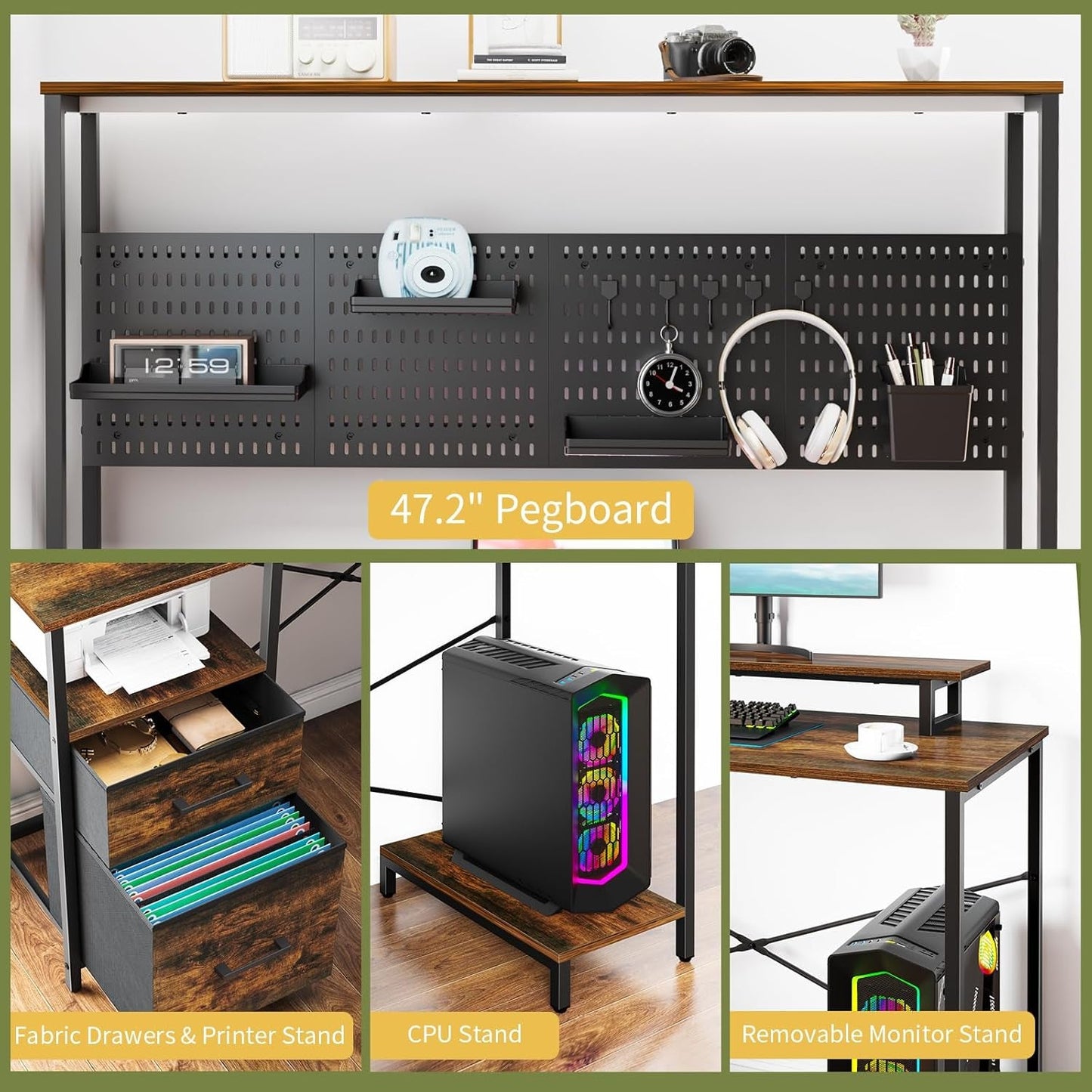 L Shaped Desk with Pegboard, Reversible Computer Desk with Drawers & HOME OFFICE FURNITURE