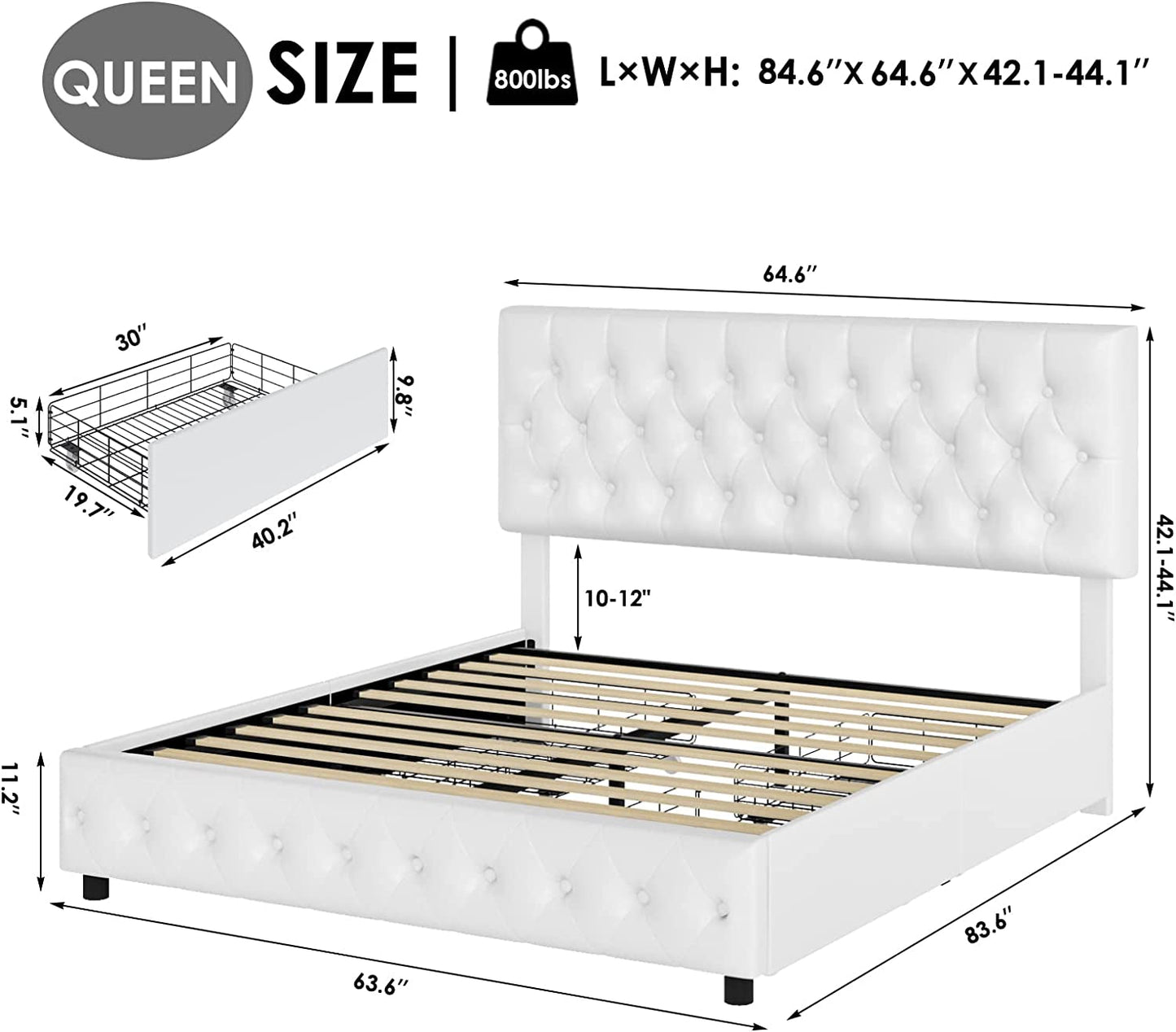 White Queen Bed Frame with Button Tufted Headboard